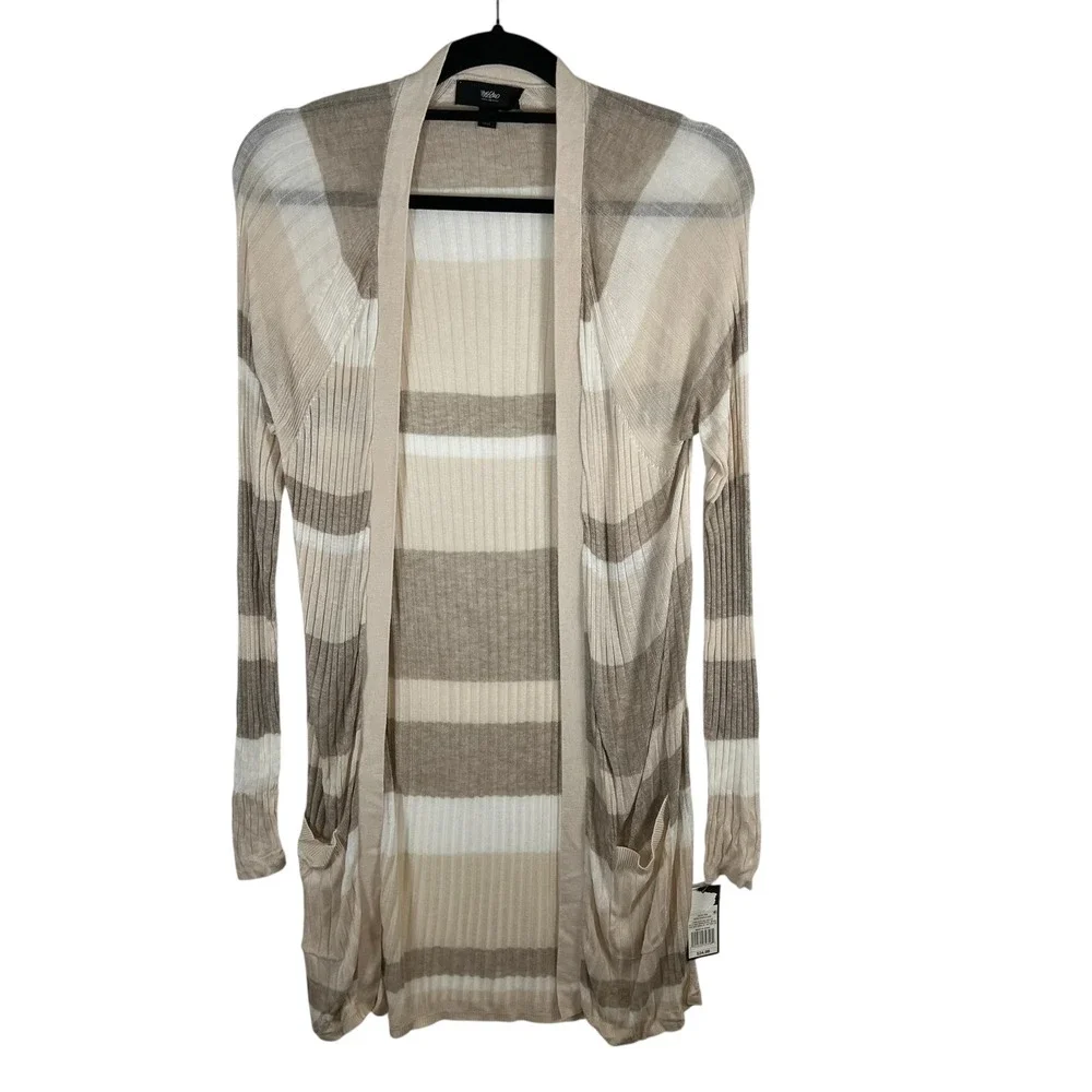 Mossimo Womens Neutral Striped Ribbed Open Front Longline Cardigan Sweater Tan M